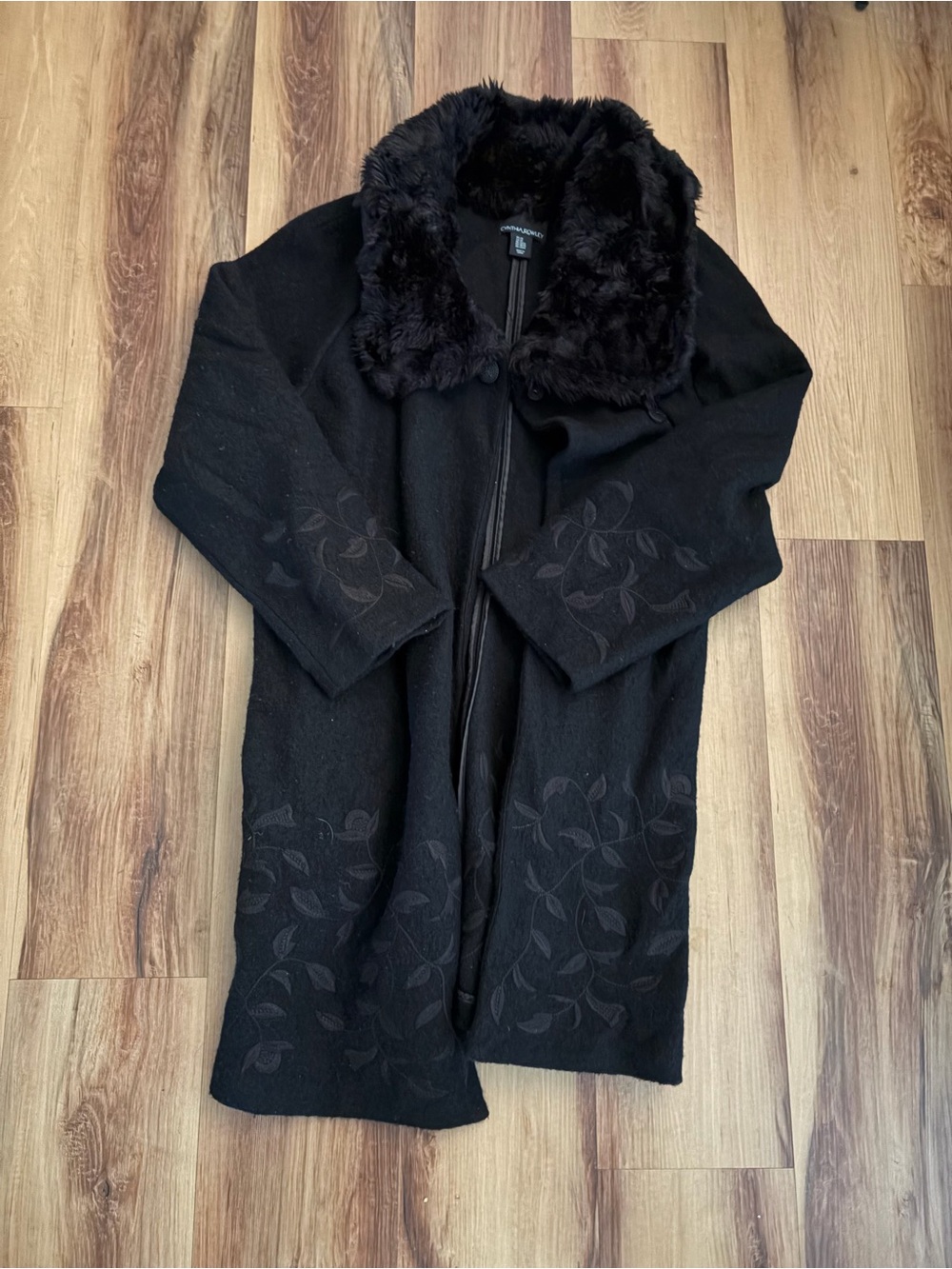 Cynthia Rowley Black Long Coat with Faux-Fur Collar